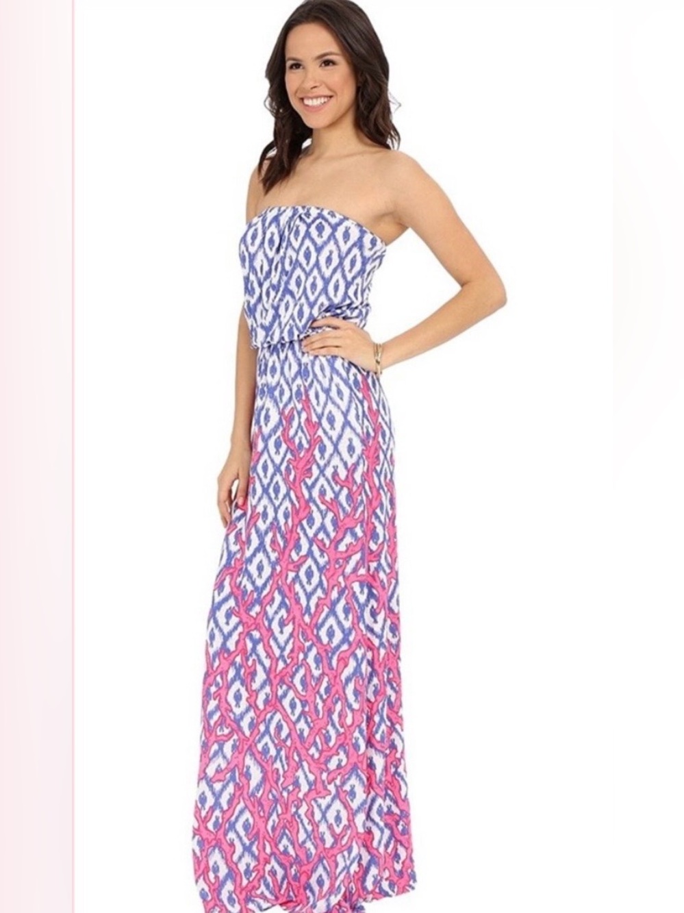 Lilly Pulitzer Marlisa Strapless Maxi Dress M Deep Dive Little Fish Pink Blue